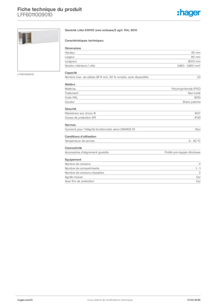 Image Hager Fiche technique du produit LFF6011009010 | Hager France