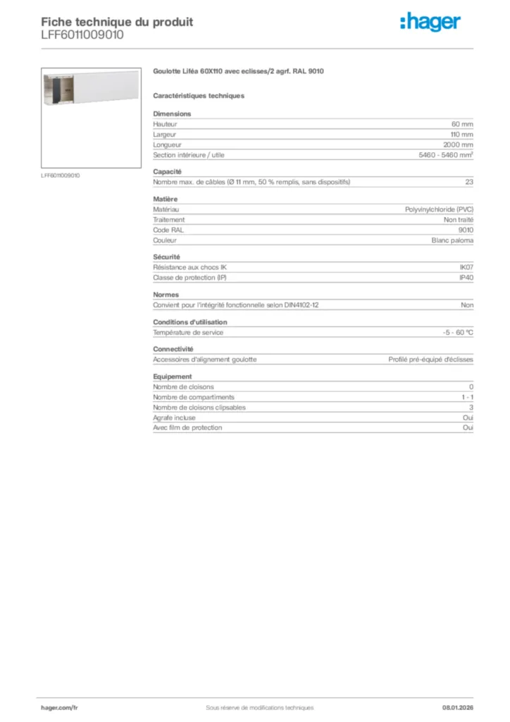 Image Hager Fiche technique du produit LFF6011009010 | Hager France