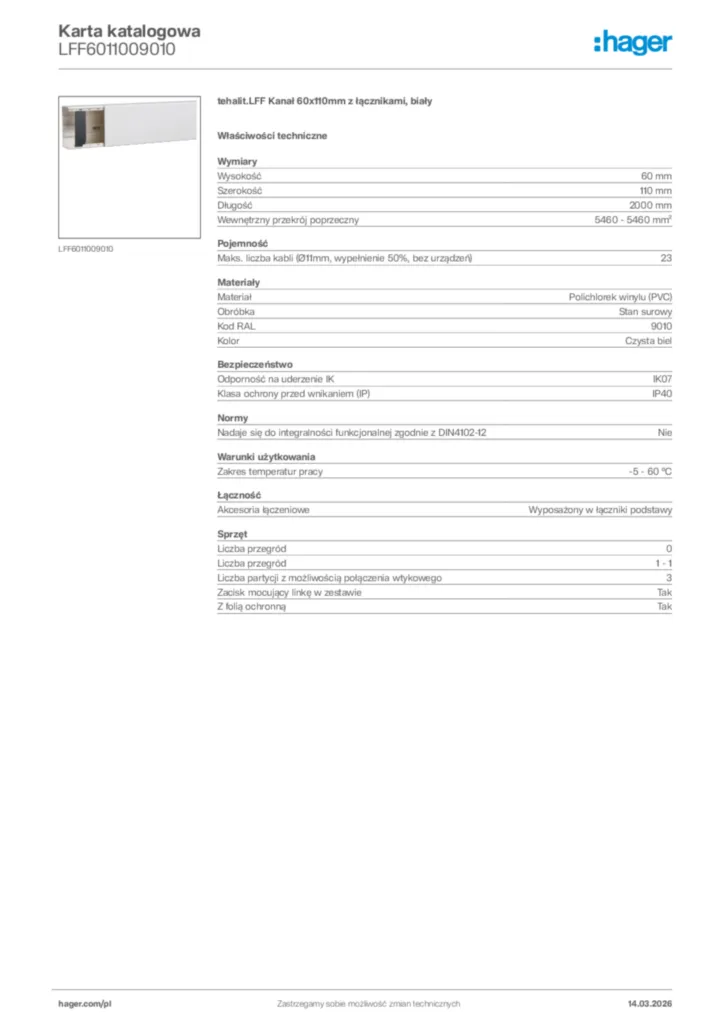 Zdjęcie Hager Karta katalogowa LFF6011009010 | Hager Polska