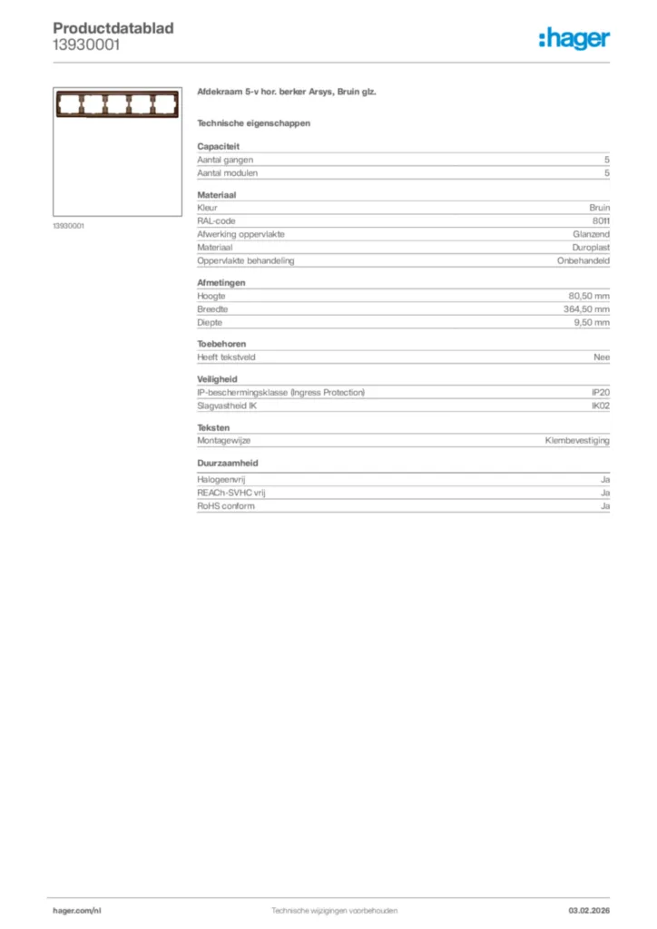 Afbeelding Hager Productdatablad 13930001 | Hager Nederland
