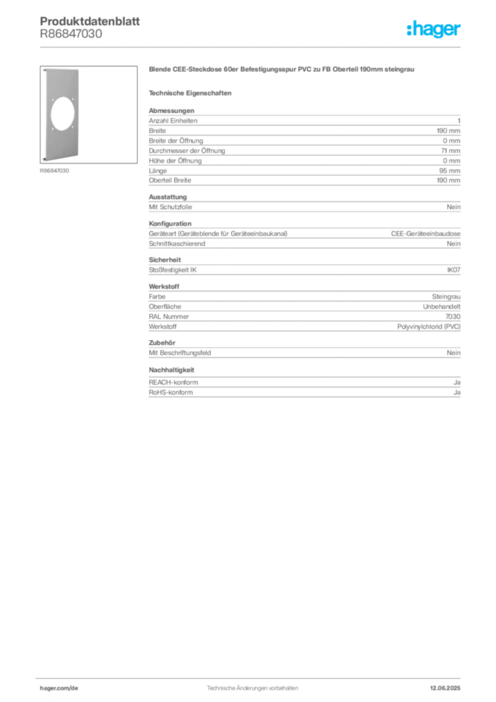 Bild Hager Produktdatenblatt R86847030 | Hager Deutschland
