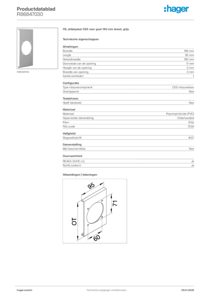 Afbeelding Hager Productdatablad R86847030 | Hager Nederland