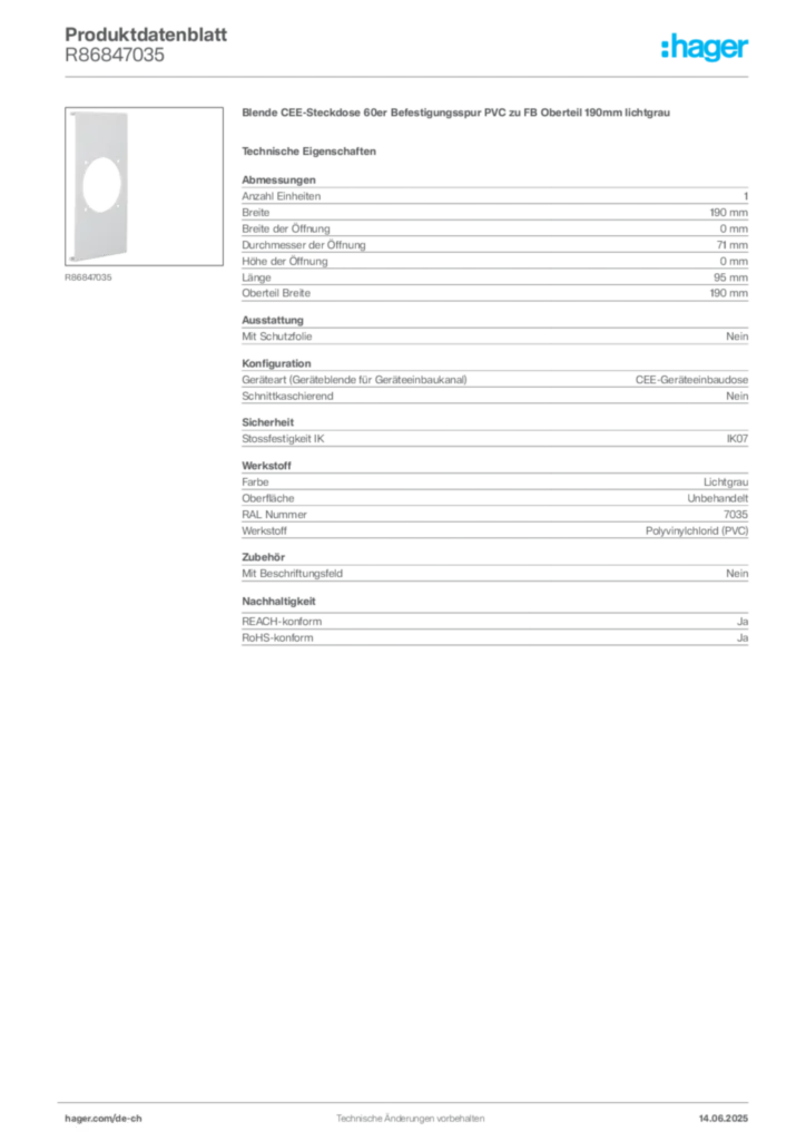 Bild Hager Produktdatenblatt R86847035 | Hager Schweiz