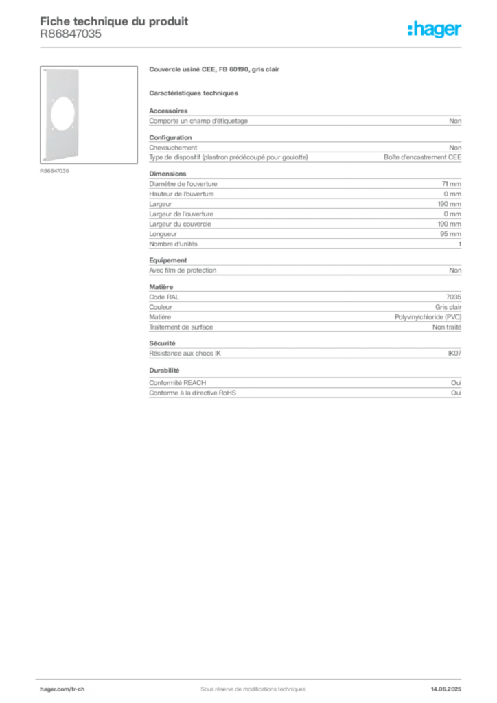 Image Hager Fiche technique du produit R86847035 | Hager Suisse