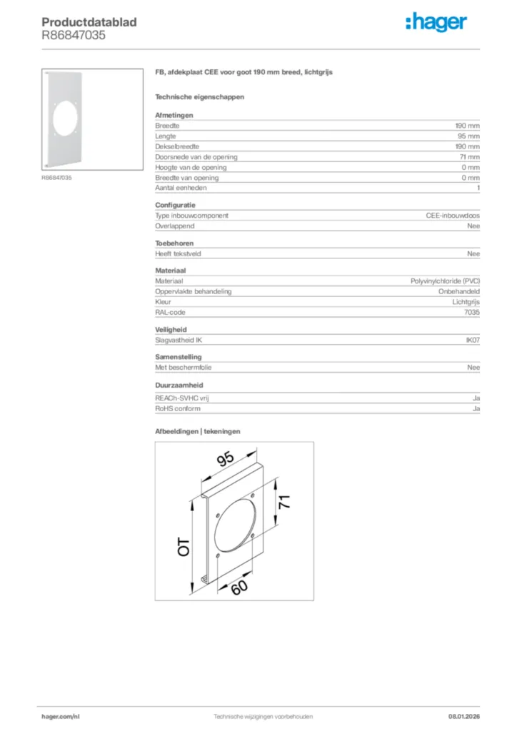 Afbeelding Hager Productdatablad R86847035 | Hager Nederland