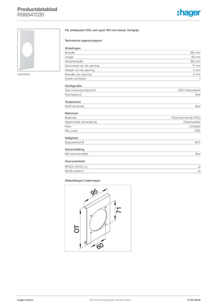 Afbeelding Hager Productdatablad R86847035 | Hager Nederland