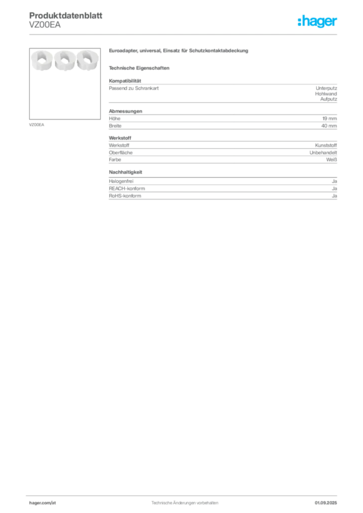 Bild Hager Produktdatenblatt VZ00EA | Hager Deutschland