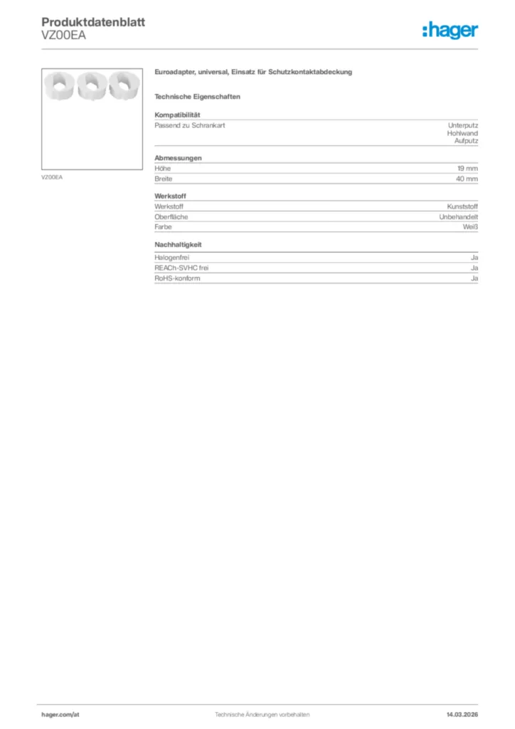 Bild Hager Produktdatenblatt VZ00EA | Hager Deutschland