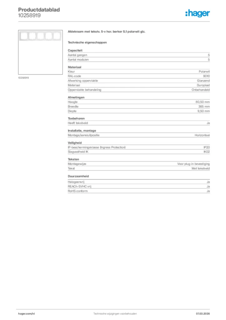Afbeelding Hager Productdatablad 10258919 | Hager Nederland