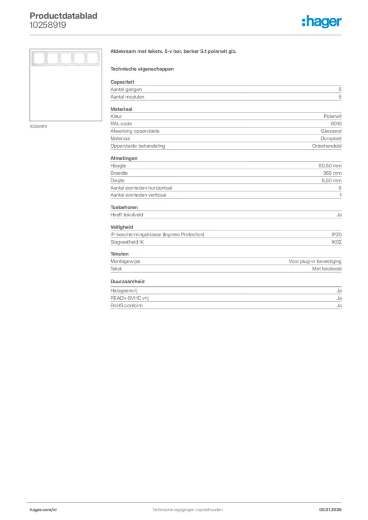 Afbeelding Hager Productdatablad 10258919 | Hager Nederland