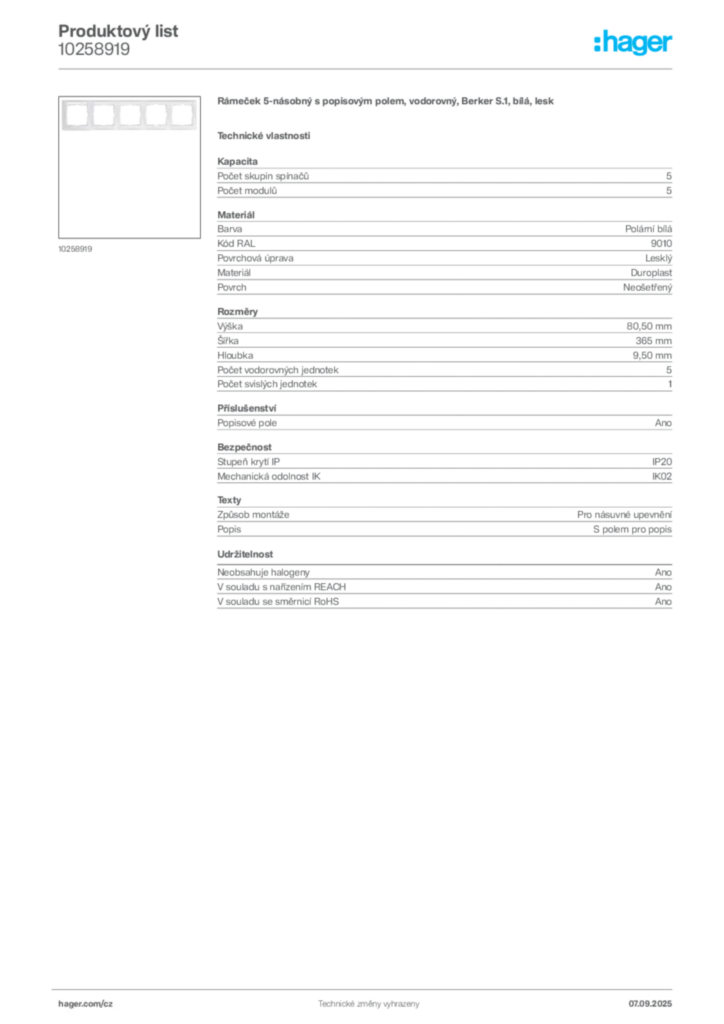 Obrázek Hager Produktový list 10258919 | Hager