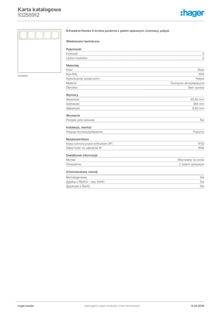 Zdjęcie Hager Karta katalogowa 10258912 | Hager Polska