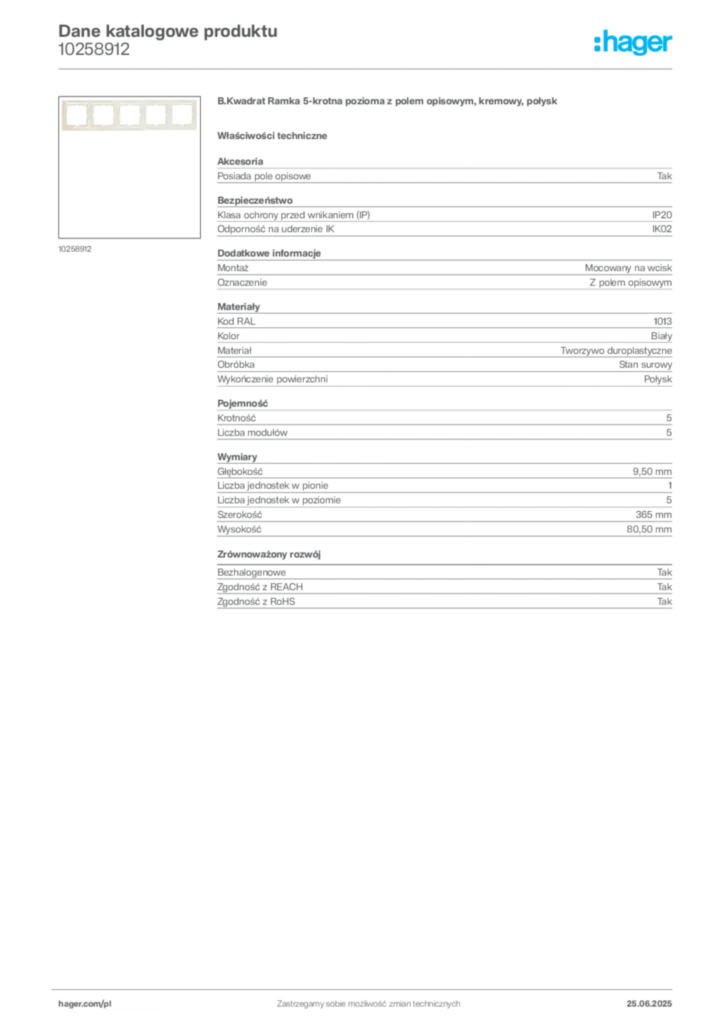 Zdjęcie Hager Karta katalogowa 10258912 | Hager Polska