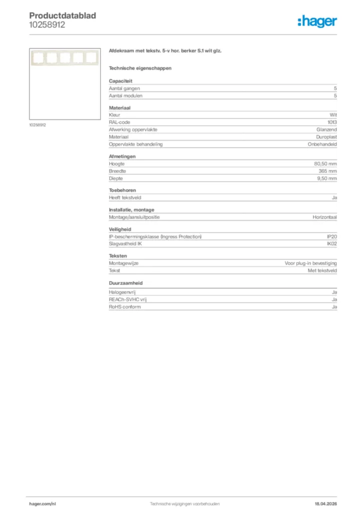Afbeelding Hager Productdatablad 10258912 | Hager Nederland