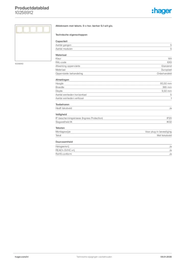 Afbeelding Hager Productdatablad 10258912 | Hager Nederland