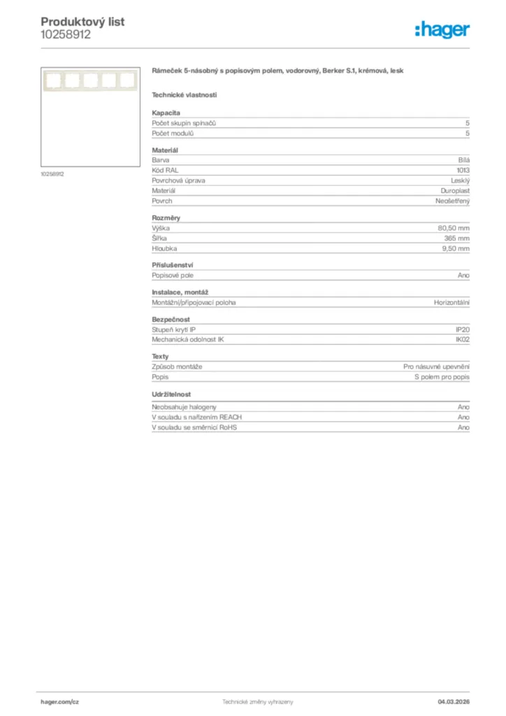 Obrázek Hager Product data sheet 10258912 | Hager