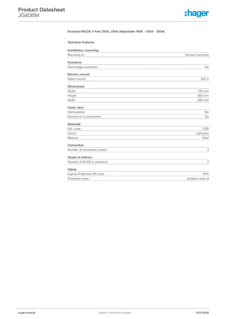 Image Hager Product data sheet JG40BM  | Hager