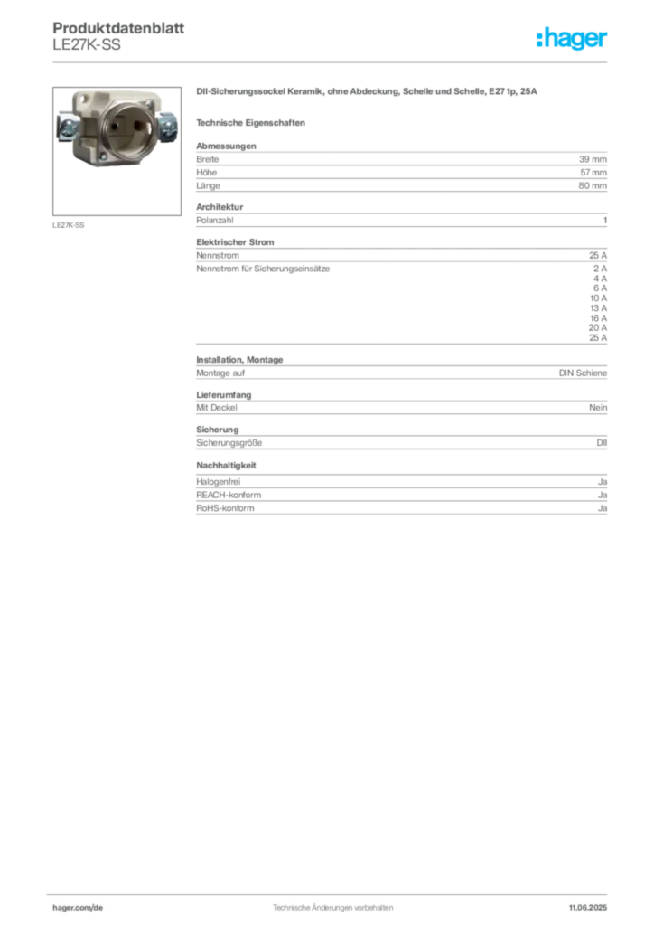 Bild Hager Produktdatenblatt LE27K-SS | Hager Deutschland