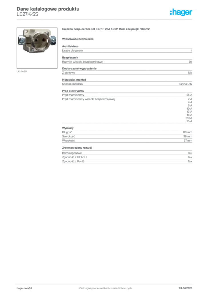 Zdjęcie Hager Karta katalogowa LE27K-SS | Hager Polska