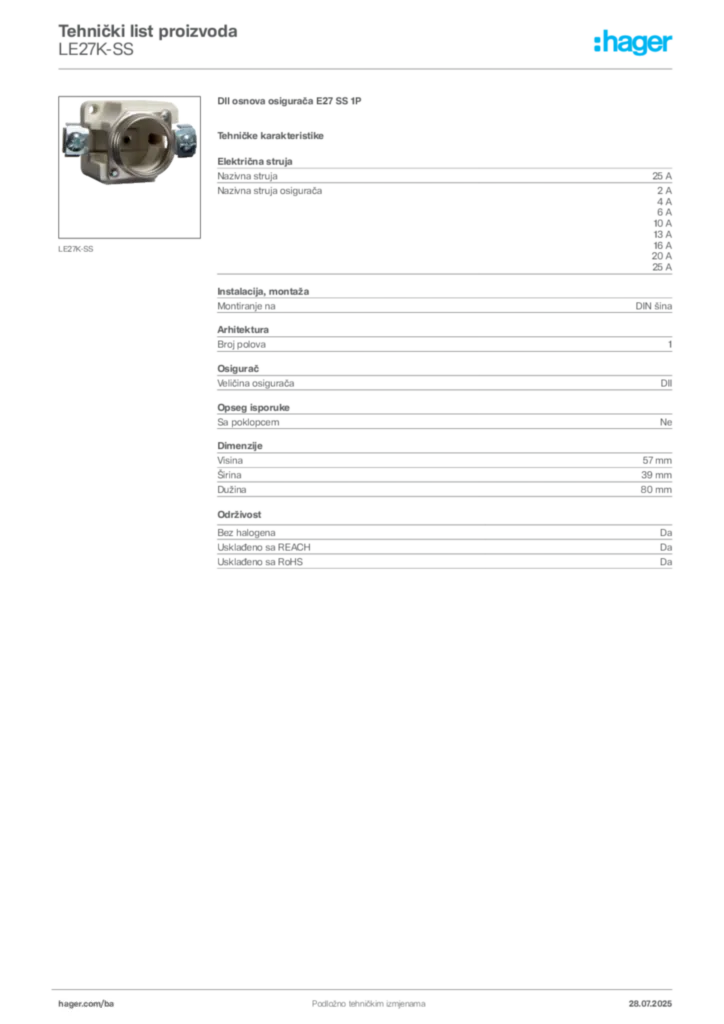 Slika Hager Product data sheet LE27K-SS  | Hager