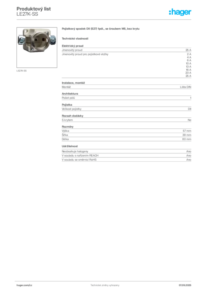 Obrázek Hager Produktový list LE27K-SS | Hager