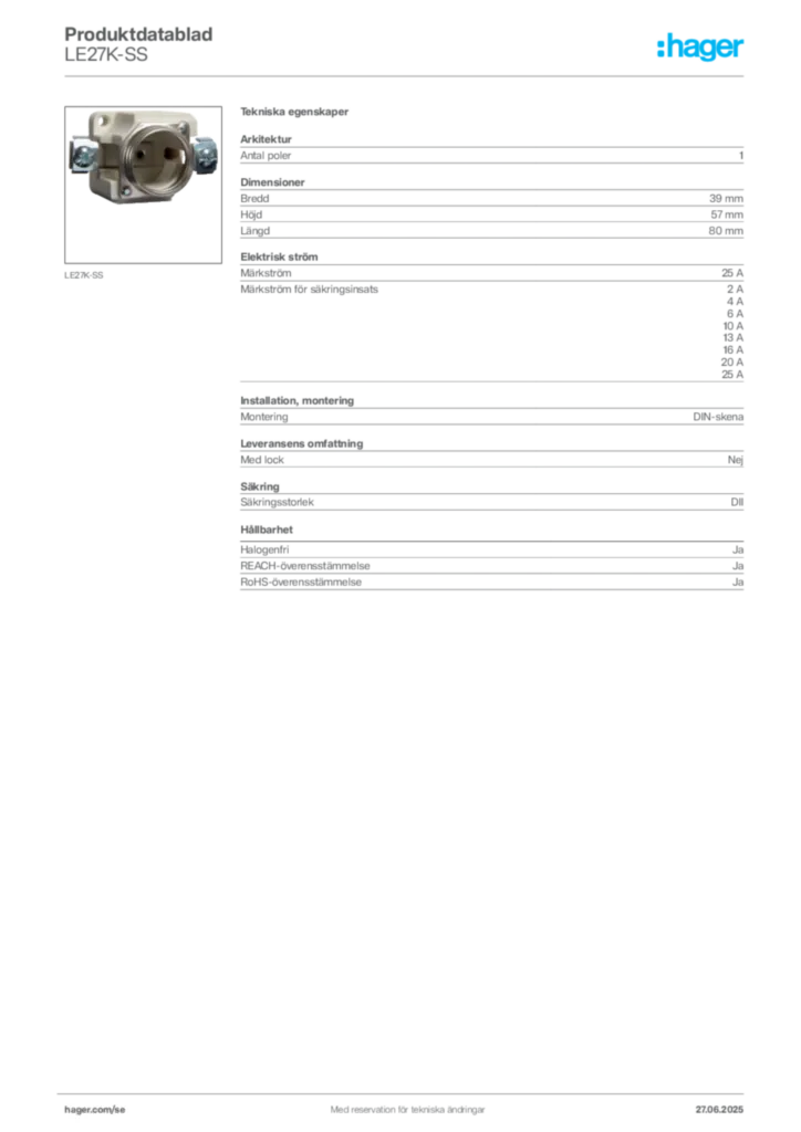 Bild Hager Produktdatablad LE27K-SS | Hager Sverige