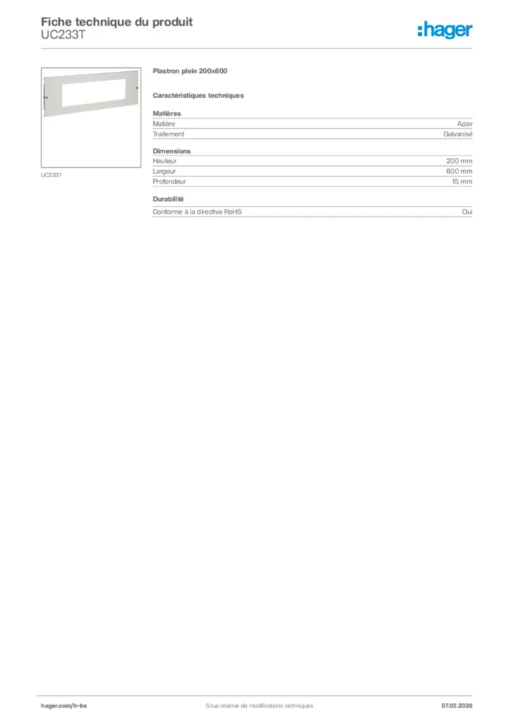 Image Hager Fiche technique du produit UC233T | Hager Belgique