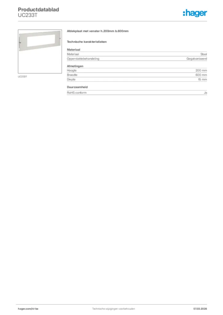 Afbeelding Hager Productdatablad UC233T | Hager Belgium