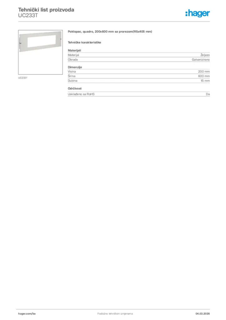 Slika Hager Tehnički list proizvoda UC233T  | Hager