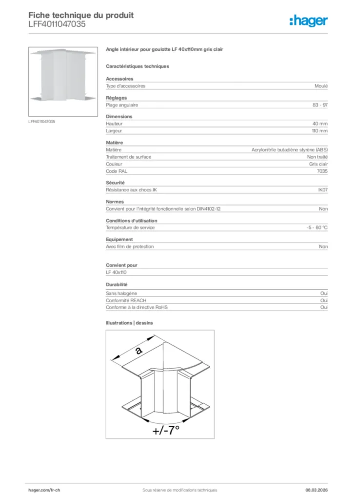 Image Hager Fiche technique du produit LFF4011047035 | Hager Suisse