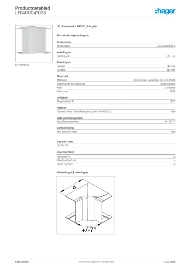 Afbeelding Hager Productdatablad LFF4011047035 | Hager Nederland