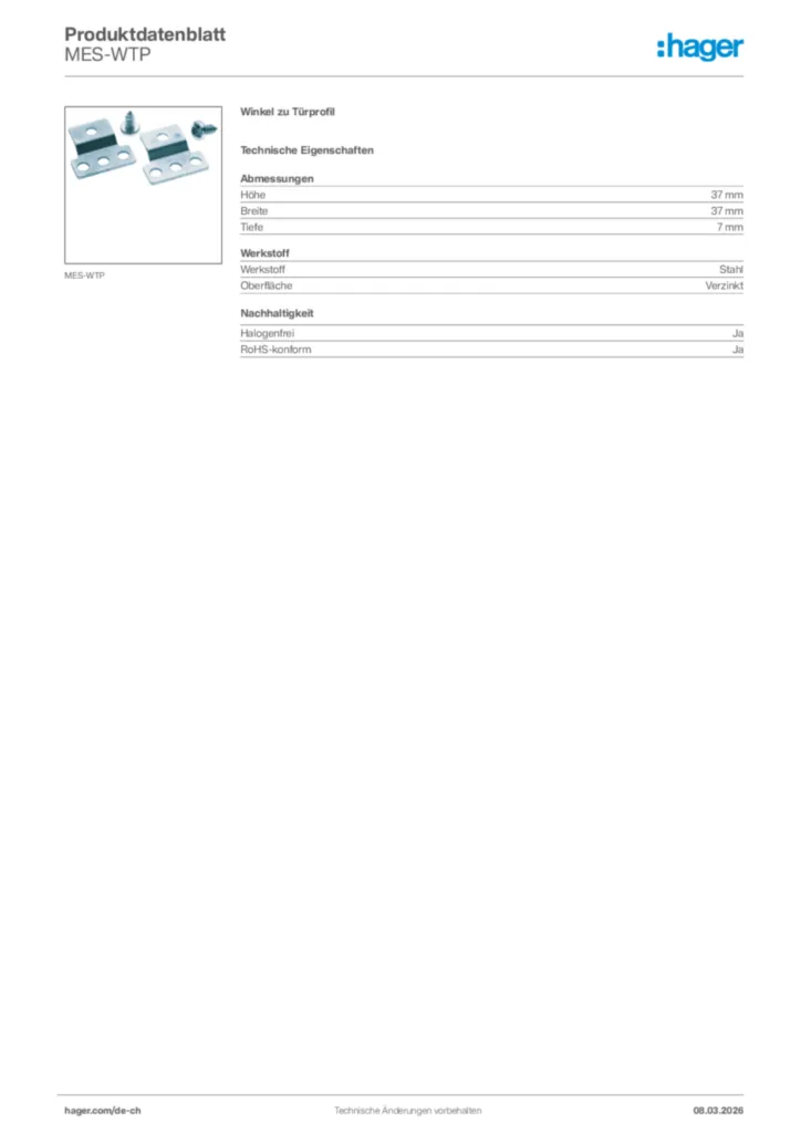 Bild Hager Produktdatenblatt MES-WTP | Hager Schweiz