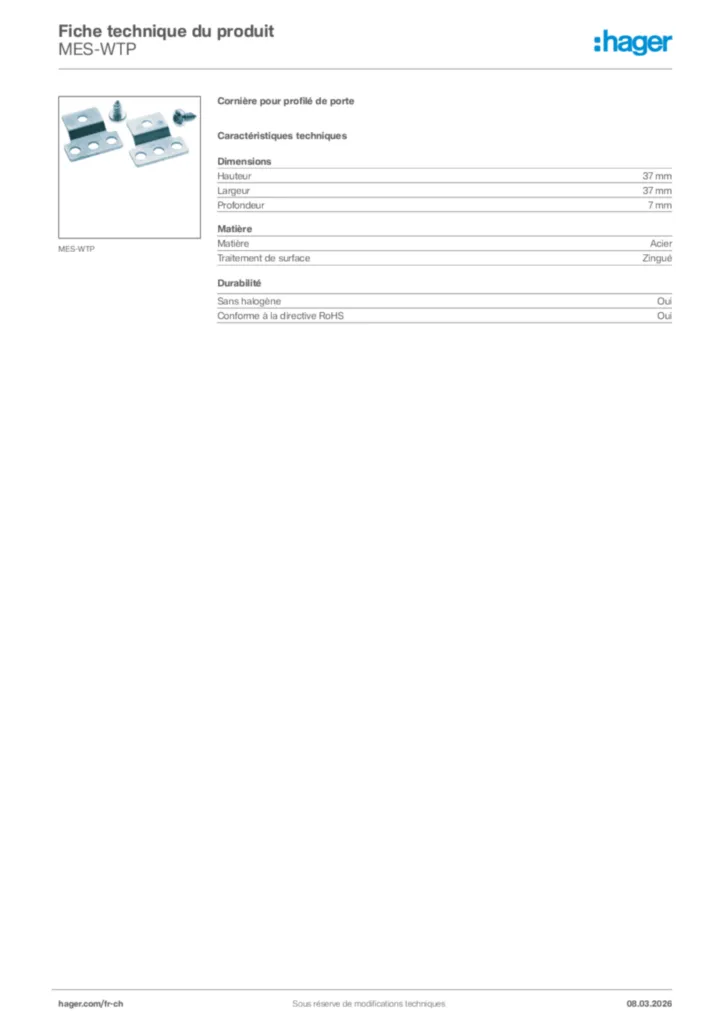 Image Hager Fiche technique du produit MES-WTP | Hager Suisse