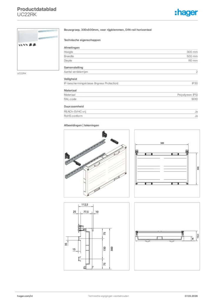 Afbeelding Hager Productdatablad UC22RK | Hager Nederland