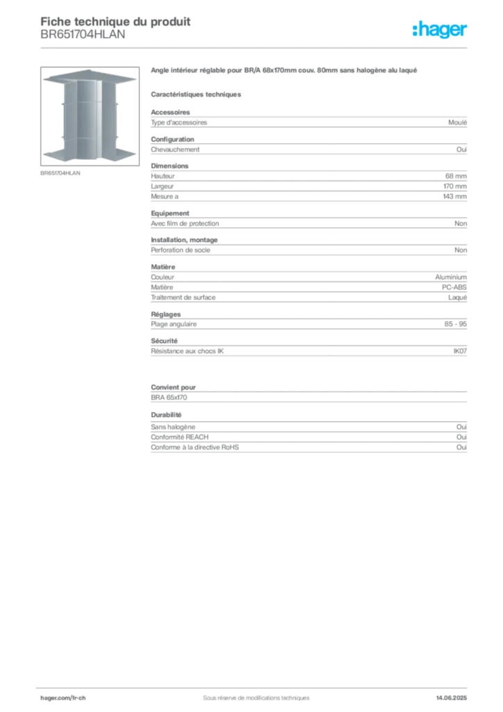 Image Hager Fiche technique du produit BR651704HLAN | Hager Suisse