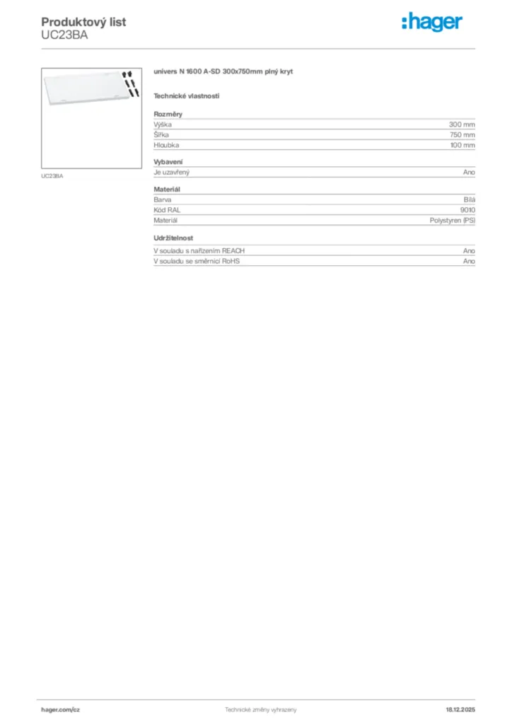 Obrázek Hager Produktový list UC23BA | Hager