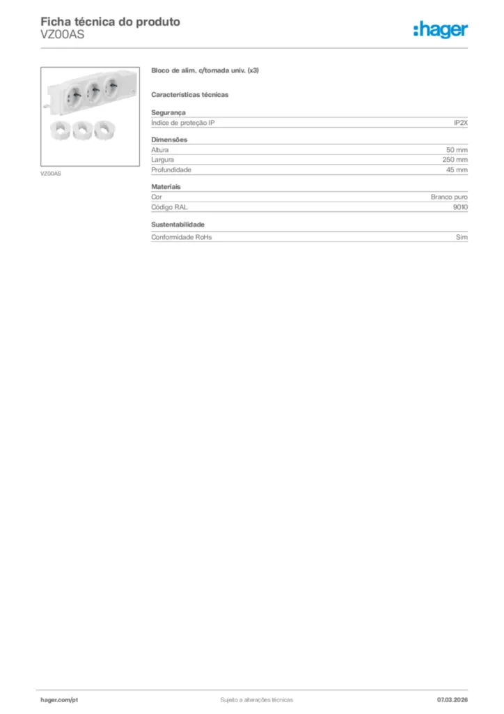 Imagem Hager Ficha técnica do produto VZ00AS | Hager Portugal
