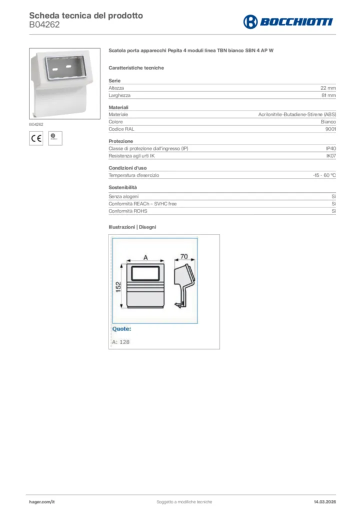 Immagine Bocchiotti Scheda tecnica del prodotto B04262 | Hager Italia