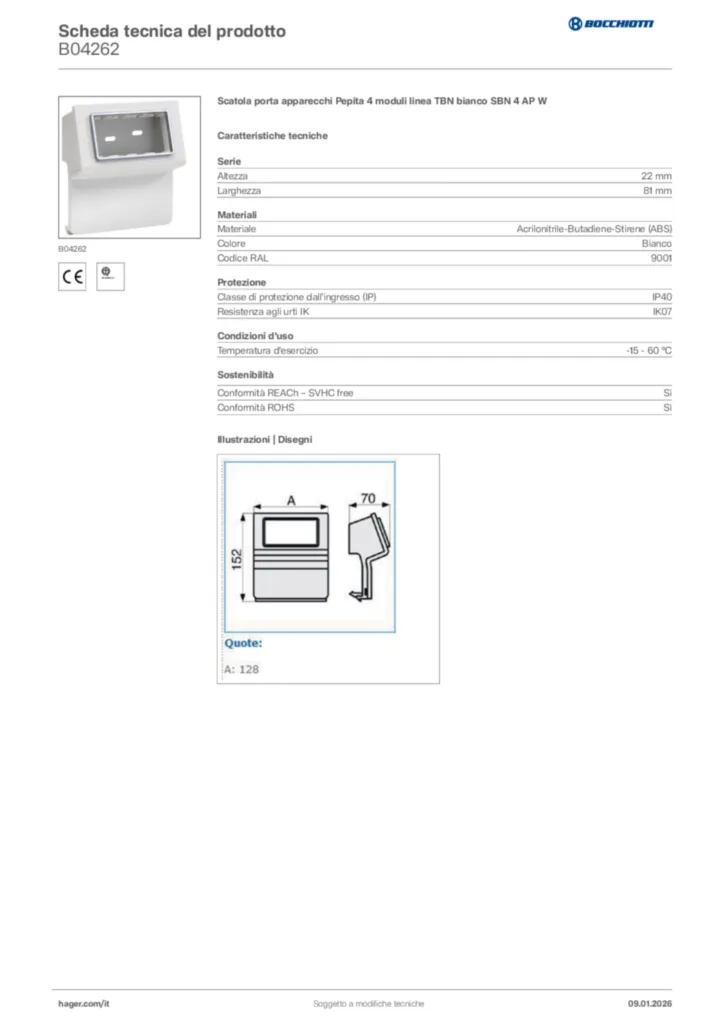 Immagine Bocchiotti Scheda tecnica del prodotto B04262 | Hager Italia