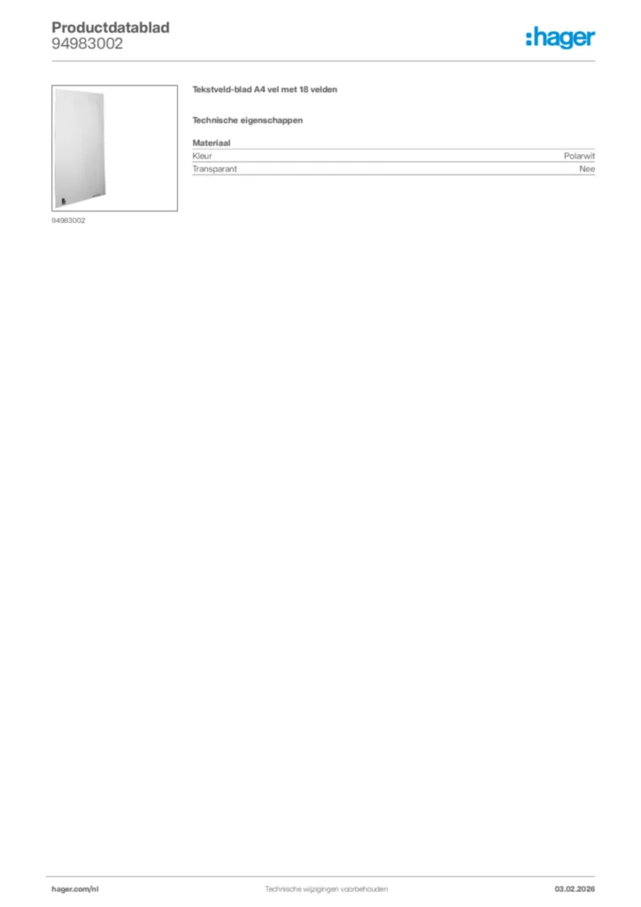 Afbeelding Hager Productdatablad 94983002 | Hager Nederland