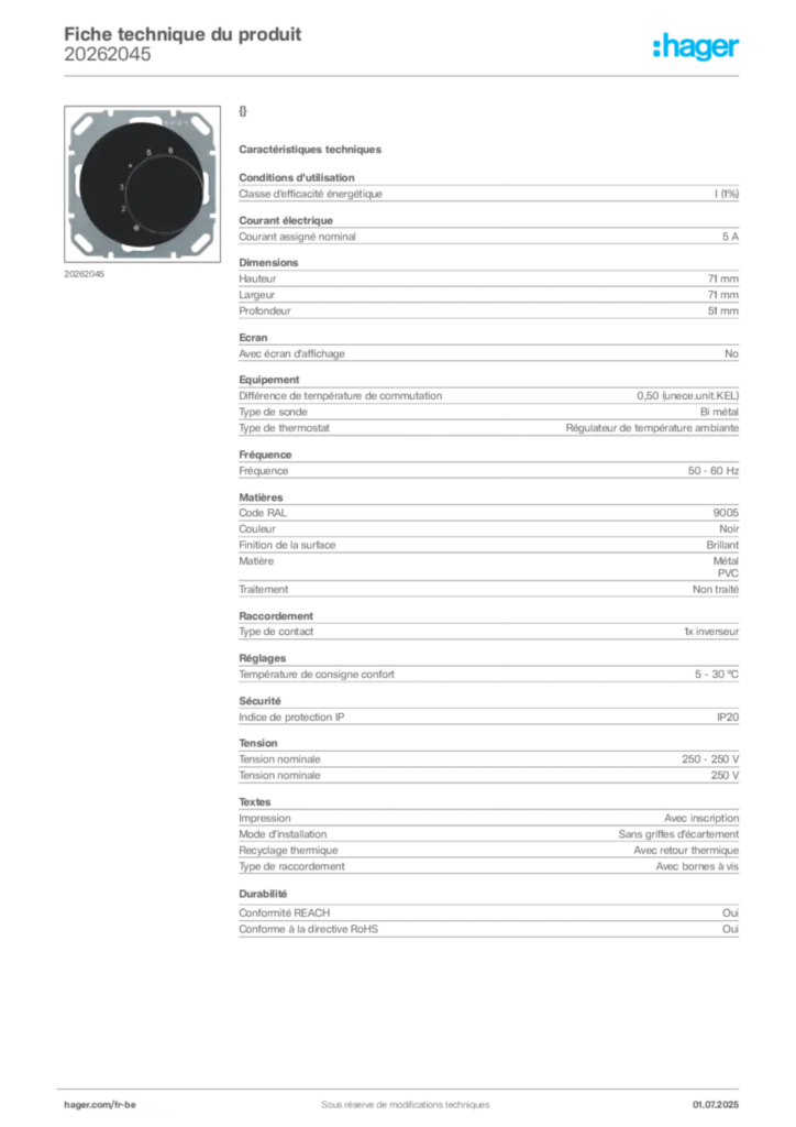 Image Hager Fiche technique du produit 20262045 | Hager Belgique