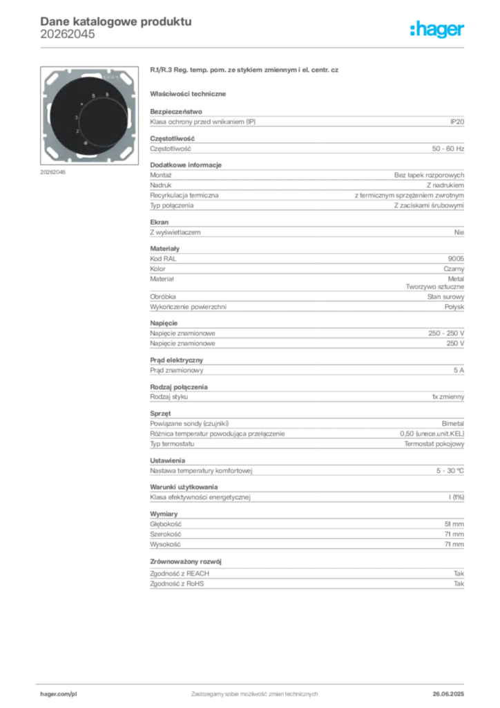Zdjęcie Hager Karta katalogowa 20262045 | Hager Polska