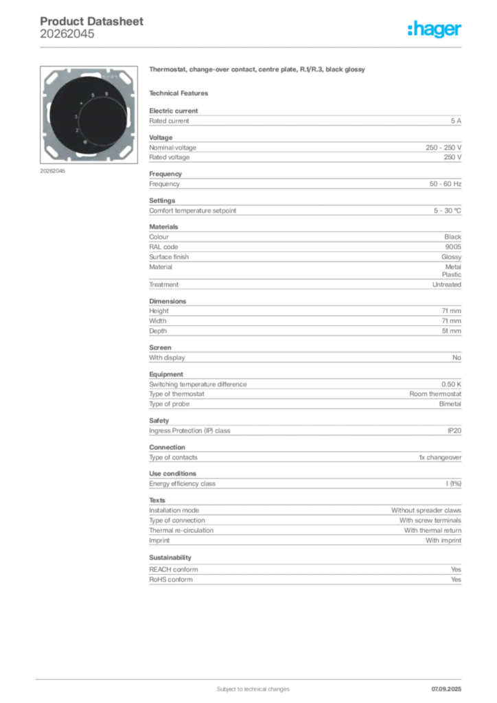 Image Hager Product data sheet 20262045  | Hager