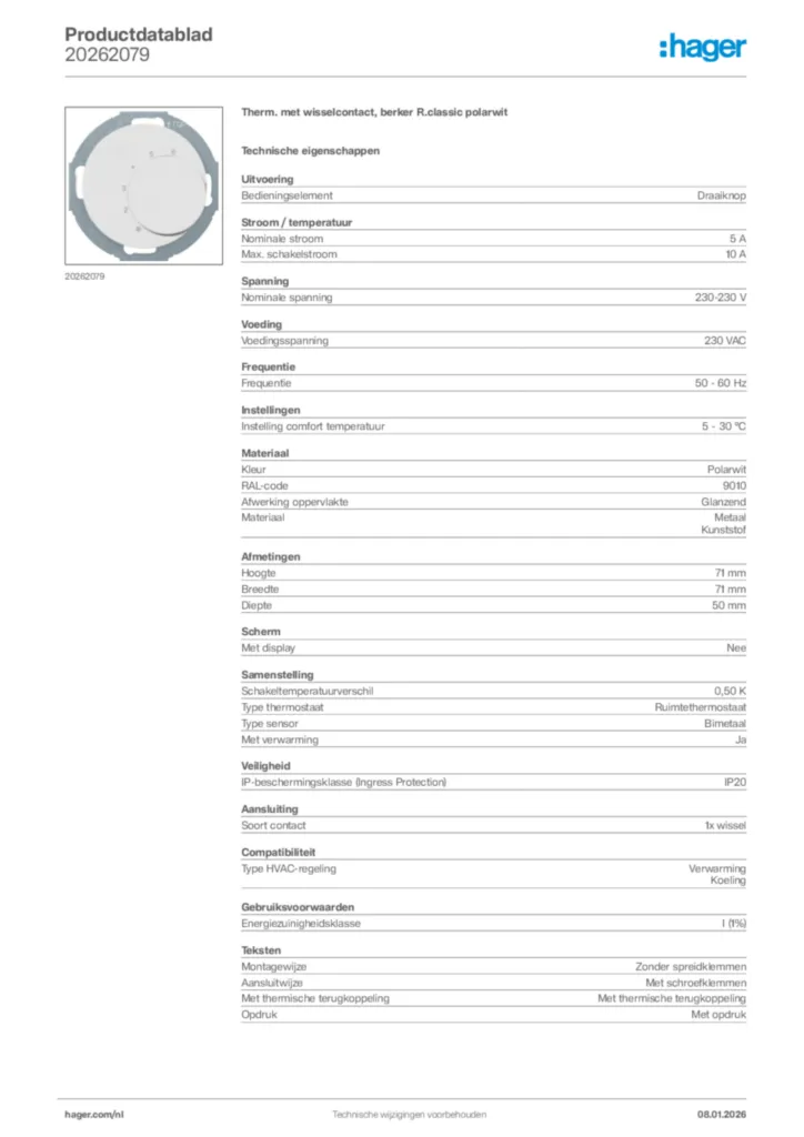 Afbeelding Hager Productdatablad 20262079 | Hager Nederland