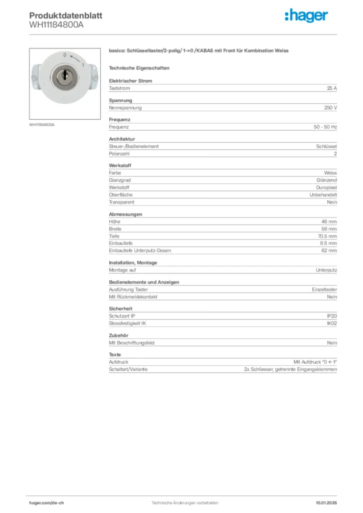 Bild Hager Produktdatenblatt WH11184800A | Hager Schweiz