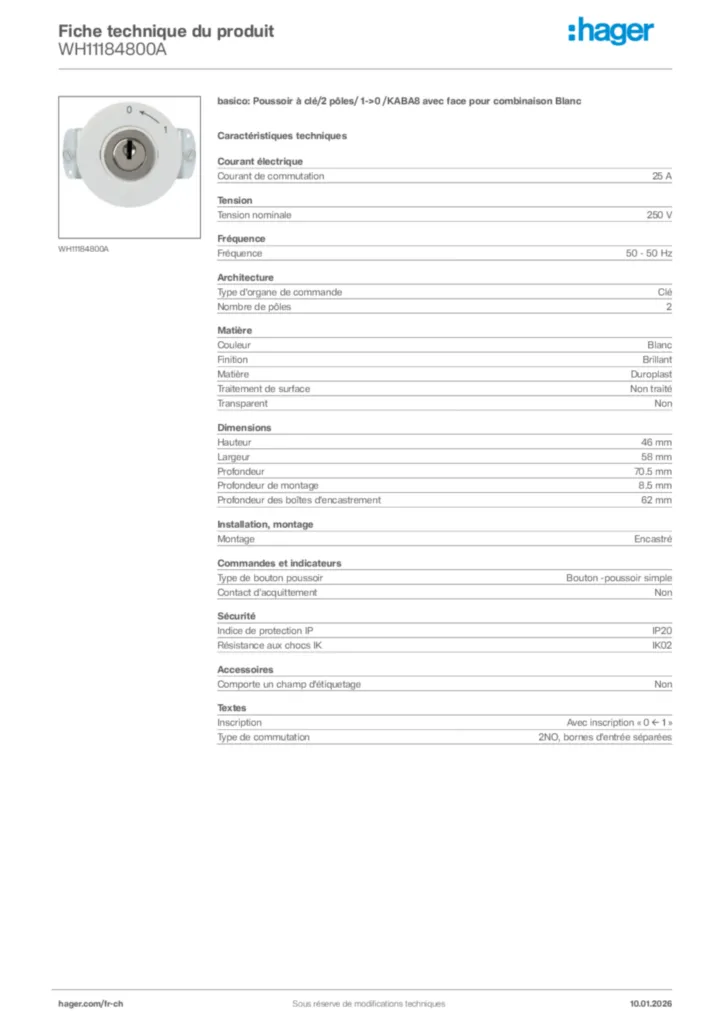Image Hager Fiche technique du produit WH11184800A | Hager Suisse