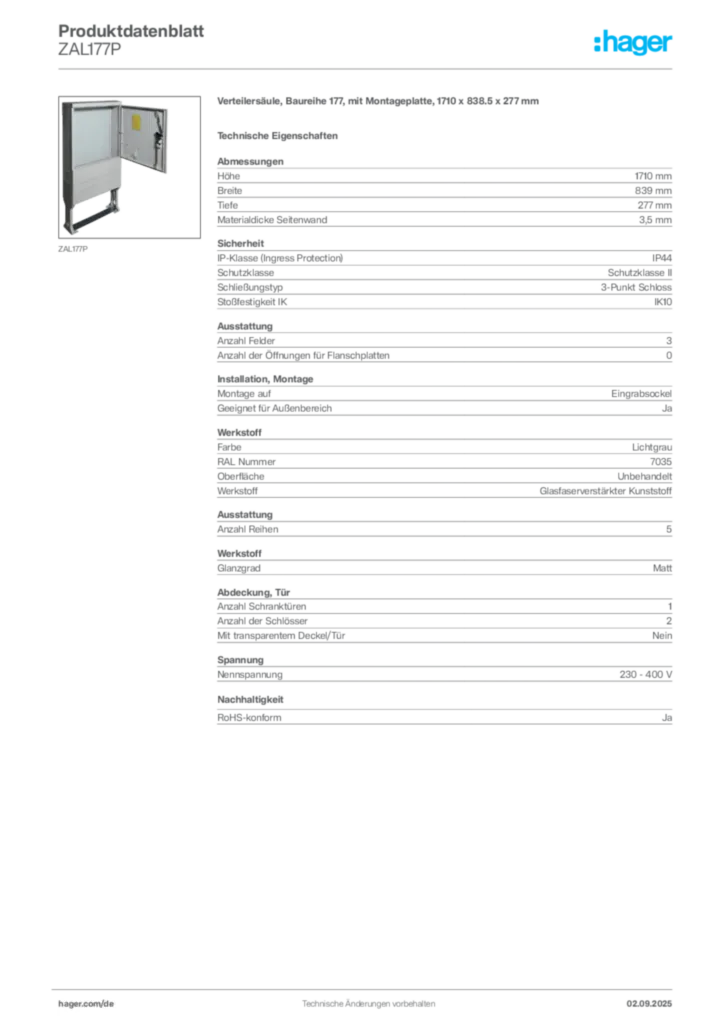 Bild Hager Produktdatenblatt ZAL177P | Hager Deutschland