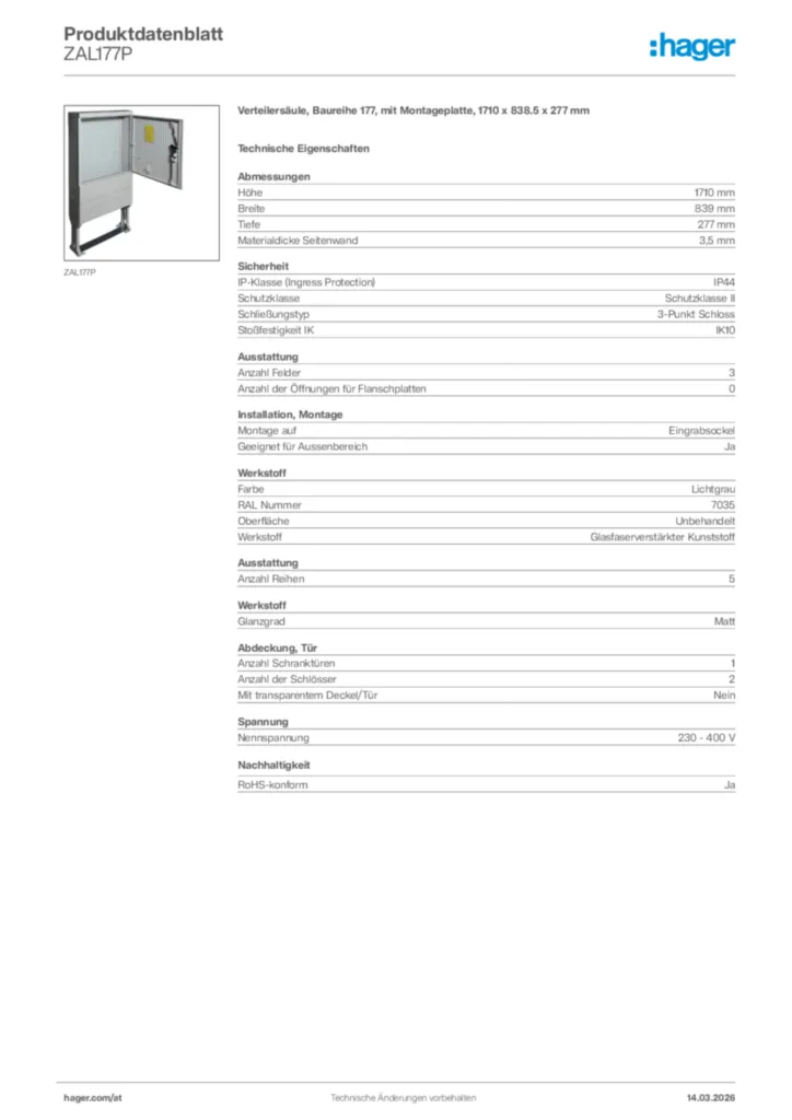 Bild Hager Produktdatenblatt ZAL177P | Hager Deutschland