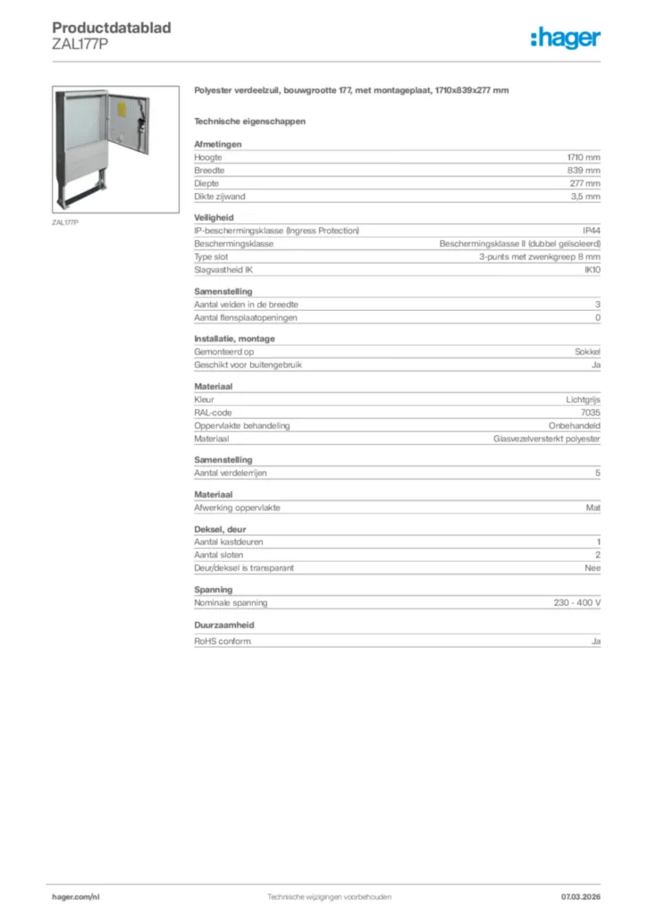 Afbeelding Hager Productdatablad ZAL177P | Hager Nederland