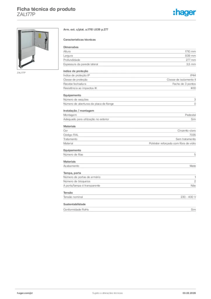 Imagem Hager Ficha técnica do produto ZAL177P | Hager Portugal